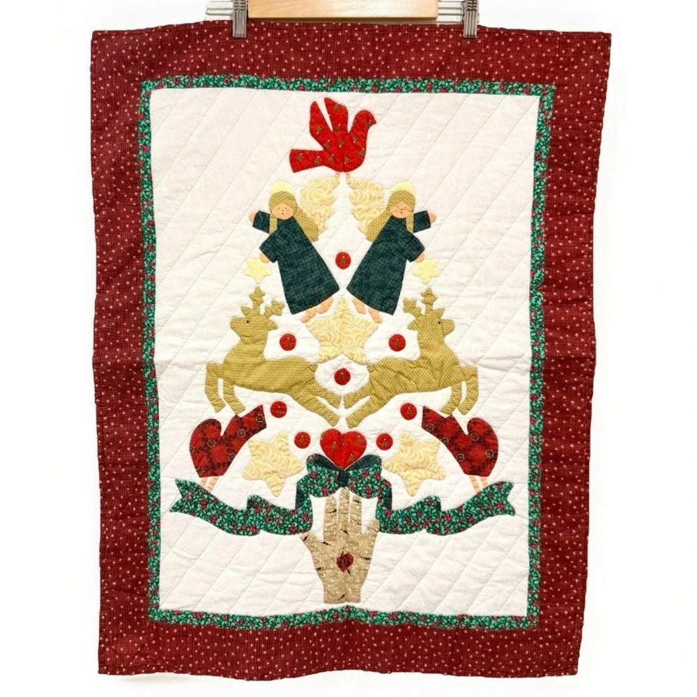 Vintage Christmas Applique Quilt Wall Hanging Angels Reindeer Folk Art 24x32